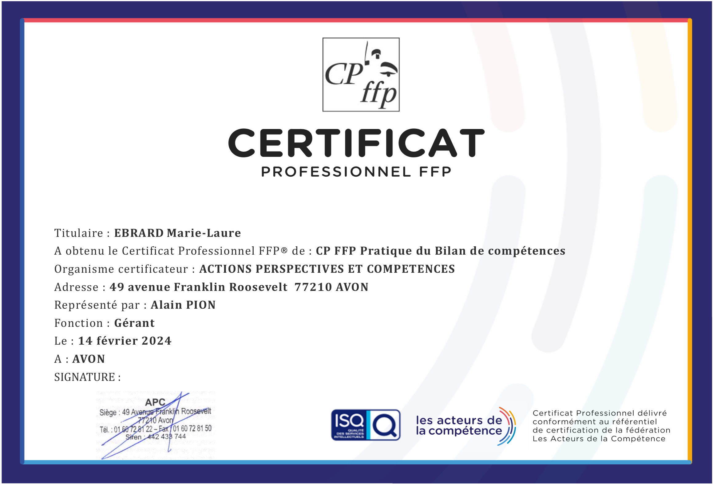 Certificat Professionnel FFP — Pratique du Bilan de compétences — Marie-Laure Ebrard